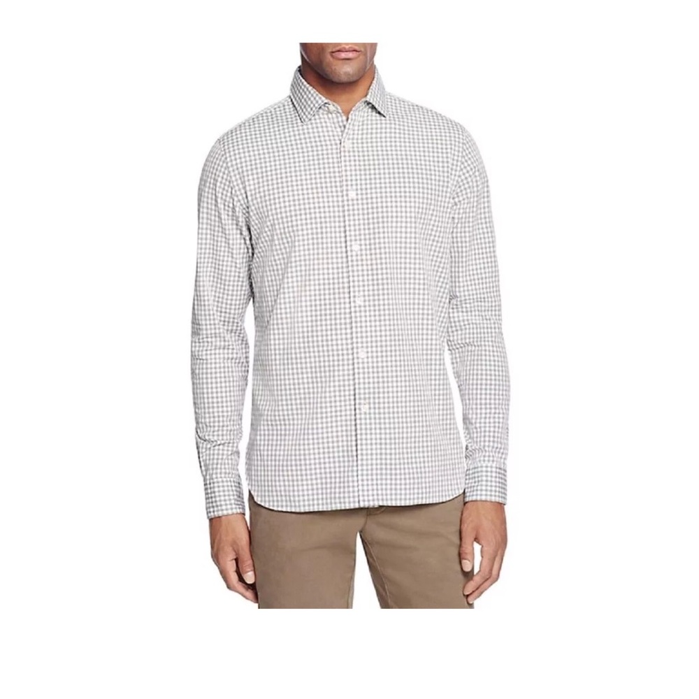 New Men’s Bloomingdales charcoal plaid dress shirt